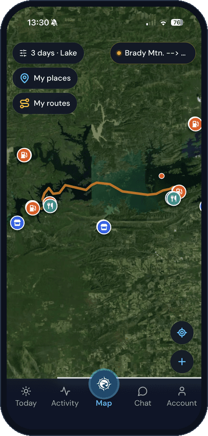 MyLake Routes screen
