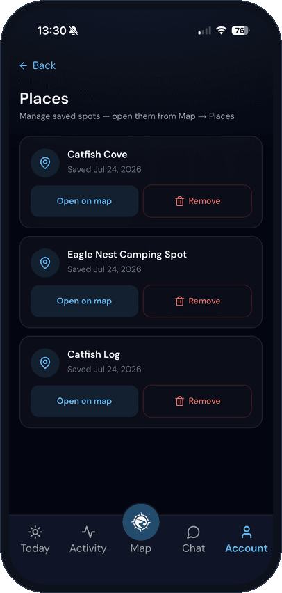 MyLake Places screen