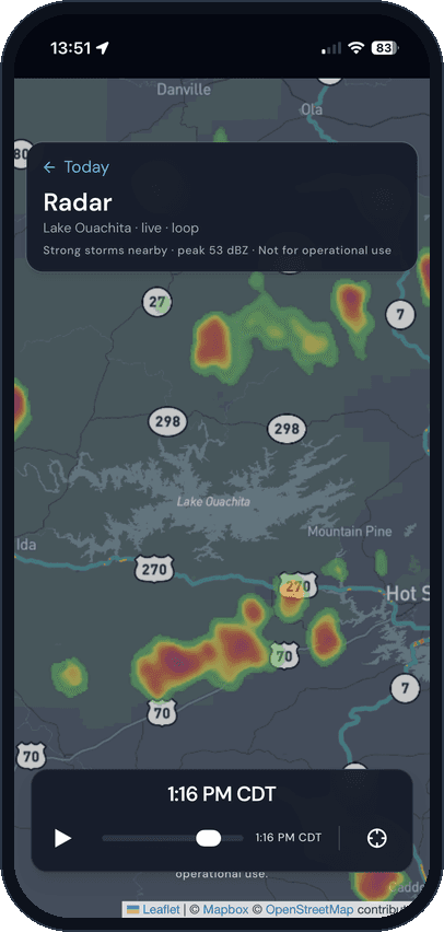 MyLake live radar on iPhone — storm loop over Lake Ouachita