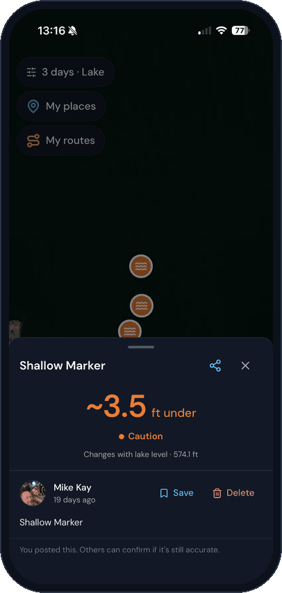 MyLake Shallow Hazards screen